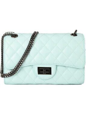 Women Light BluePU Quilted Stylish Crossbody Bag with Chain Strap & Flap Closure